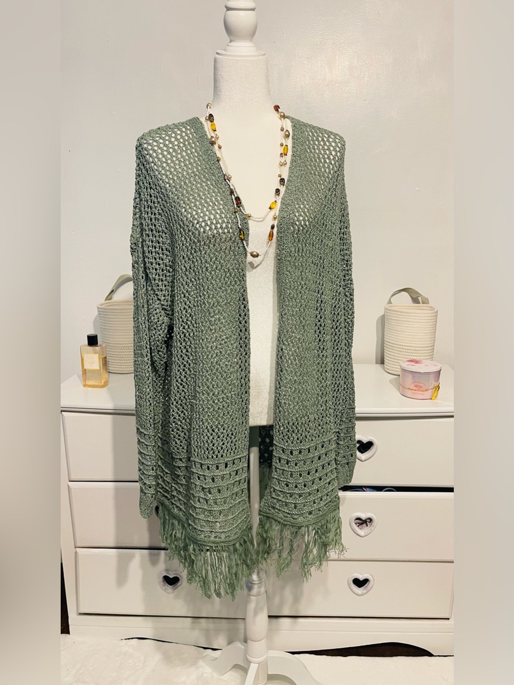 Audrey parks boho Lightweight Olive Green Crochet Fringe Cardigan Sweater L - Picture 12 of 14